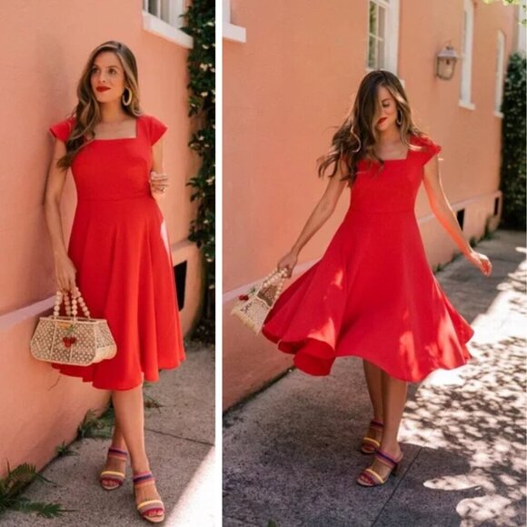 Gal Meets Glam Regina Midi Dress Red Fit & Flare Modest Wedding Shower Retro - Picture 1 of 8